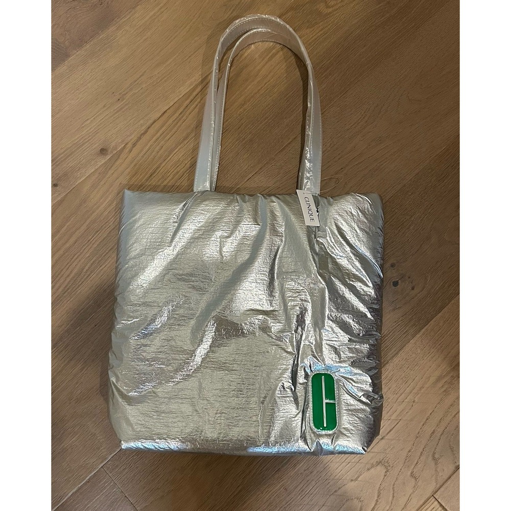 NWT Clinique Silver & Green Limited Edition Tote Bag ( 14in X 15in)
